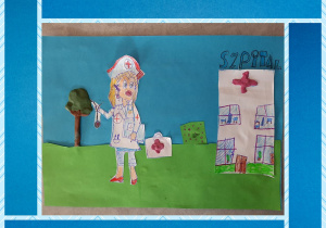 Praca przedstawiająca pracę pielęgniarki. Na niebiesko-zielonym tle znajduje się biała postać kobiety. W oddali widać drzewo oraz budynek szpitalny z czerwonym krzyżem.
